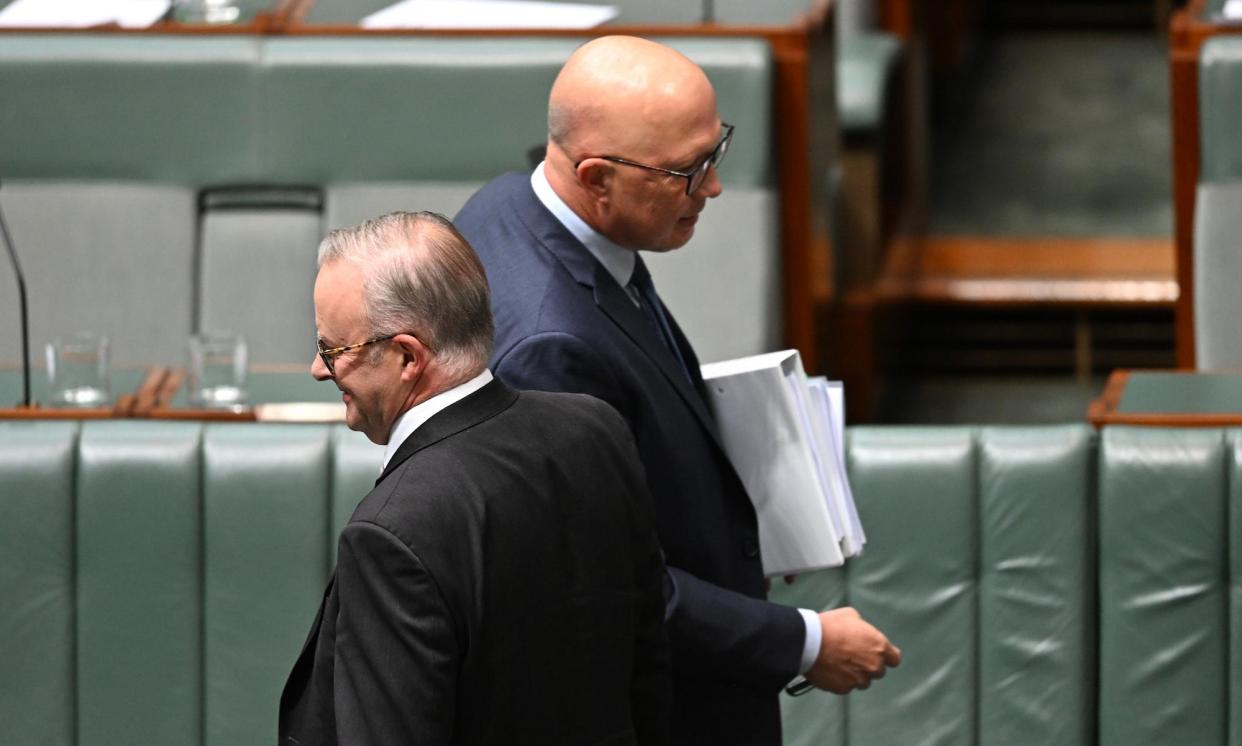 <span>Anthony Albanese and Peter Dutton are neck and neck in the popularity stakes but the Coalition appears to have retained an edge in two-party preferred terms.</span><span>Photograph: Lukas Coch/AAP</span>