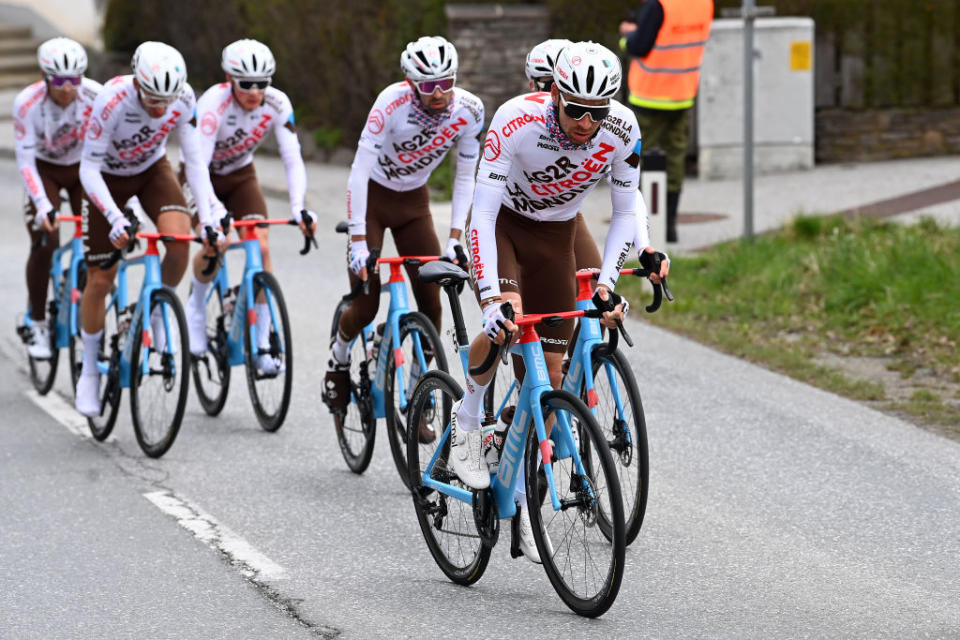 RITTEN ITALY  APRIL 18 Aurlien ParetPeintre of France and Ag2R Citron Team competes during the 46th Tour of the Alps 2023  Stage 2 a 1652km stage from Reith im Alpbachtal to Ritten 1174m on April 18 2023 in Reith im Alpbachtal Italy Photo by Tim de WaeleGetty Images