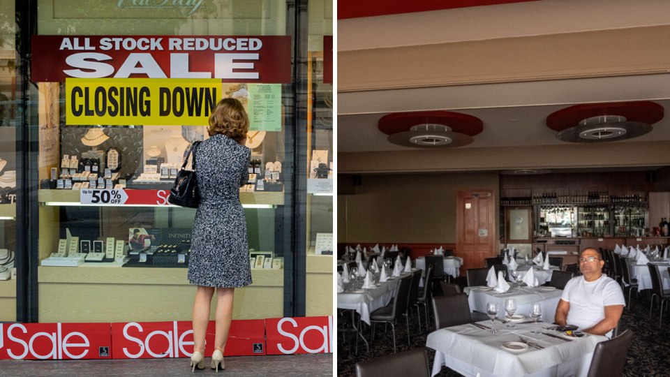 split pic of woman looking at sale, man in his restaurant