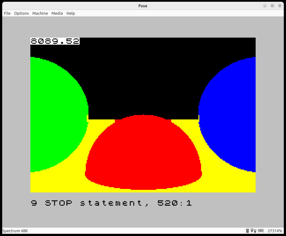 A ray-traced image on the ZX Spectrum showing the clash of attributes with optimizations to improve performance.