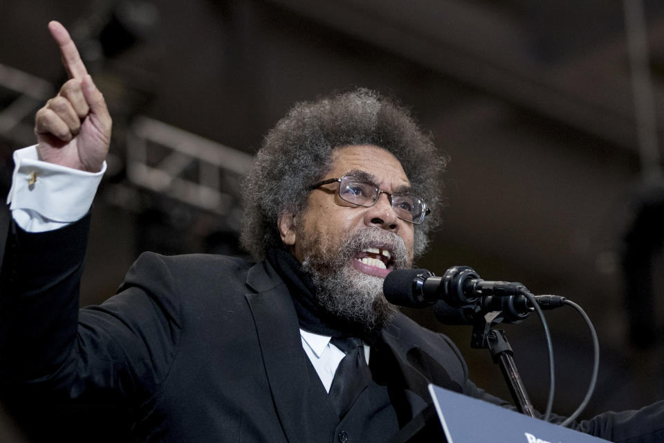 FILE - Harvard Professor Cornel West speaks at a campaign rally for Democratic presidential candidate Sen. Bernie Sanders, I-Vt., at the Whittemore Center Arena at the University of New Hampshire, Feb. 10, 2020, in Durham, N.H. West says he will run for president in 2024 as third-party candidate. (AP Photo/Andrew Harnik, File)