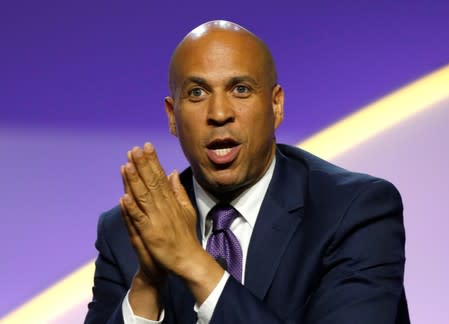 Democratic U.S. Presidential candidate Senator Cory Booker addresses the audience during the Presidential candidate forum at the annual convention of the National Association for the Advancement of Colored People (NAACP), in Detroit