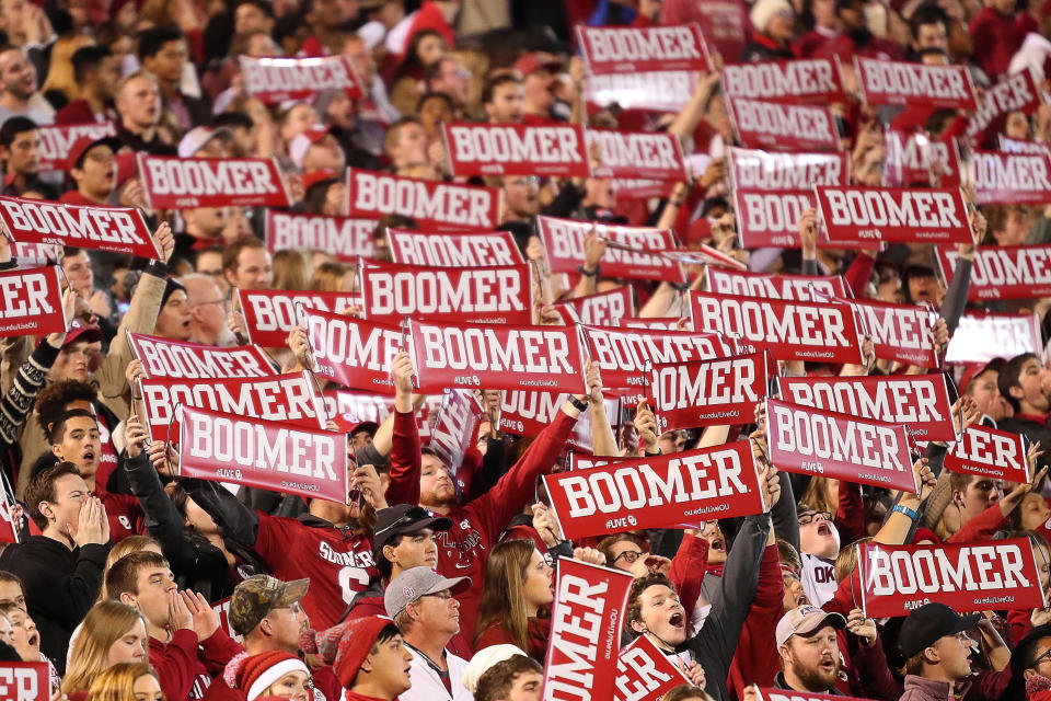 NORMAN, OK - NOVEMBER 11: A record setting crowd exchanging BOOMER and SOONER chants across the field  during a college football game between the Oklahoma Sooners and the Texas Christian University Horned Frogs on November 11, 2017, at Memorial Stadium in Norman, OK.  (Photo by David Stacy/Icon Sportswire via Getty Images)