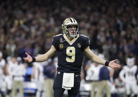 Jan 20, 2019; New Orleans, LA, USA; New Orleans Saints quarterback Drew Brees (9) reacts after throwing a pass against the Los Angeles Rams during the fourth quarter of the NFC Championship game at Mercedes-Benz Superdome. Mandatory Credit: Derick E. Hingle-USA TODAY Sports