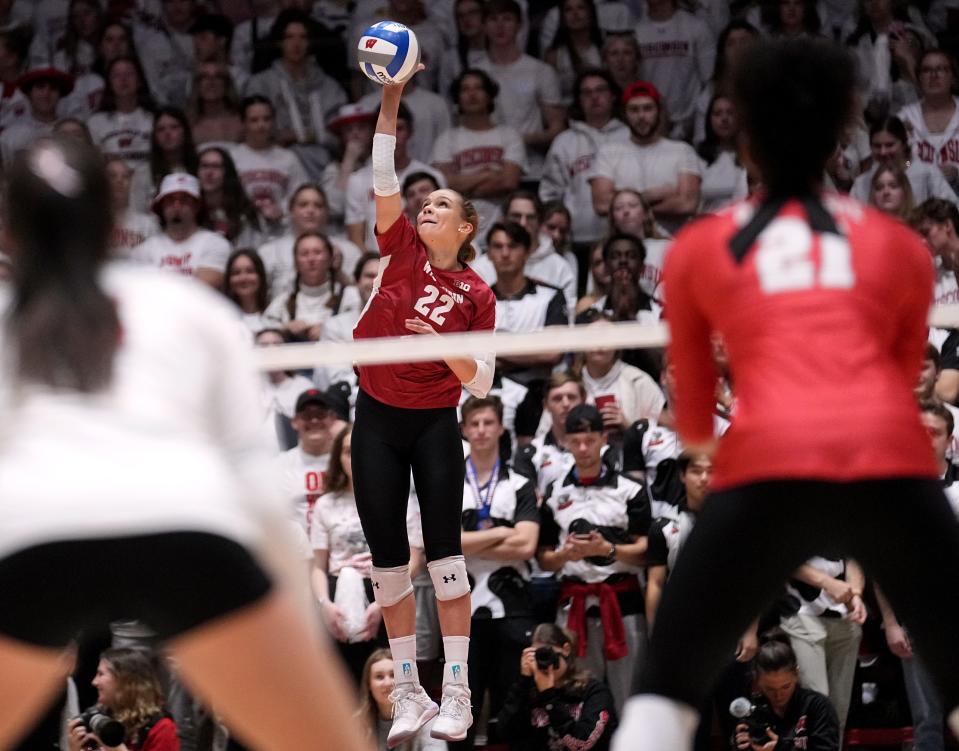 Wisconsin outside hitter Julia Orzol (22) serves during their volleyball match against Ohio State Wednesday, October 18, 2023 at the UW Field House in Madison, Wisconsin.