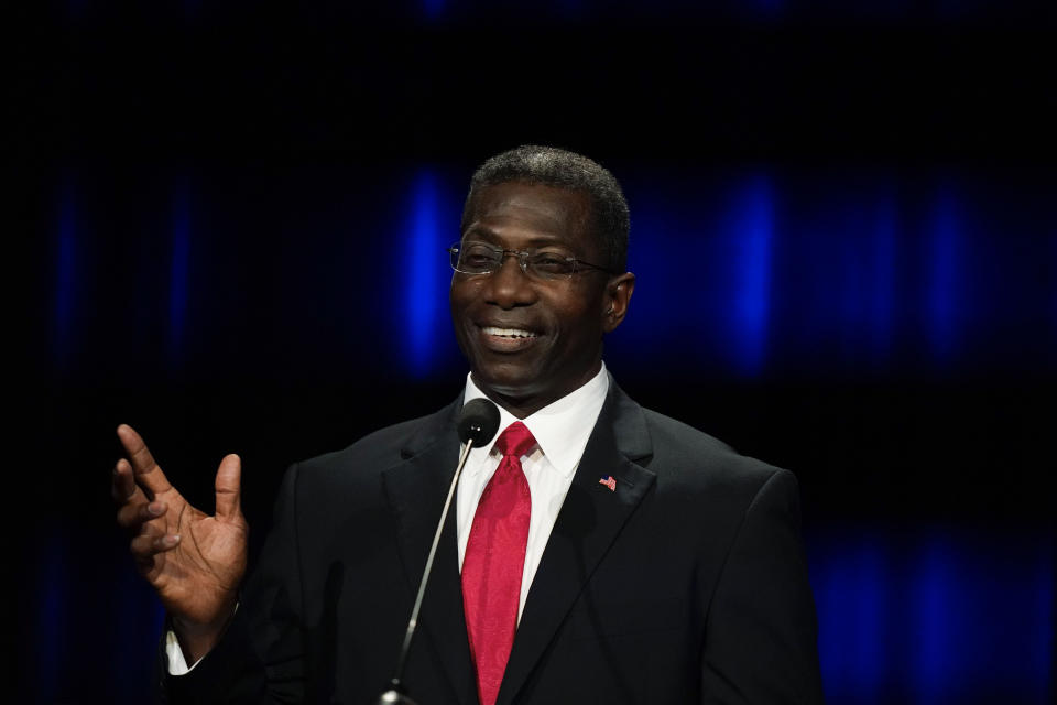 Georgia U.S. Senate candidate Jonathan McColumn participates in a Republican primary debate on Tuesday, May 3, 2022, in Atlanta. (AP Photo/Brynn Anderson, Pool)