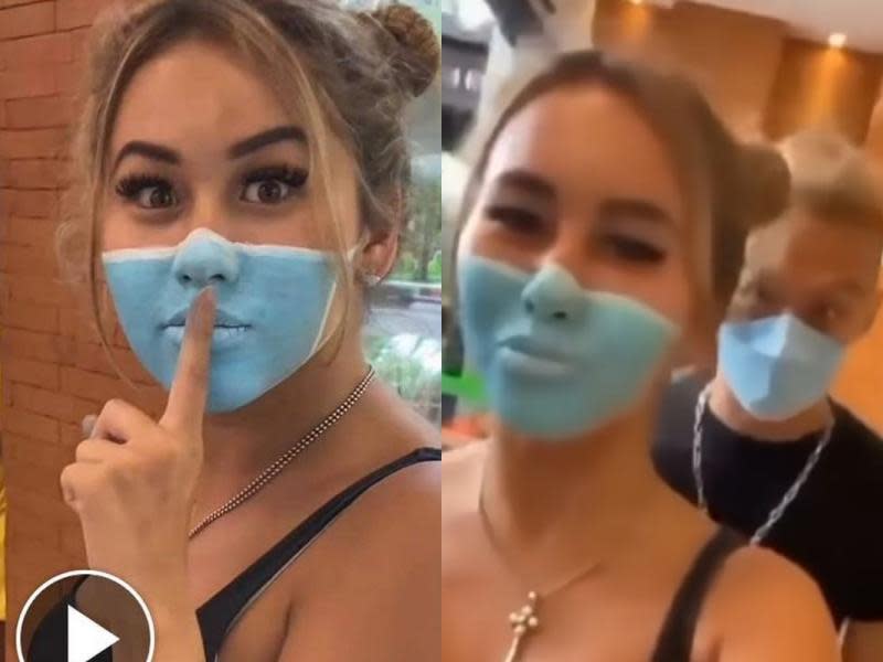 來自台灣的百萬YouTuber把口罩「畫」在女友臉上，2人還以此大逛印尼超市。（翻攝自IG）