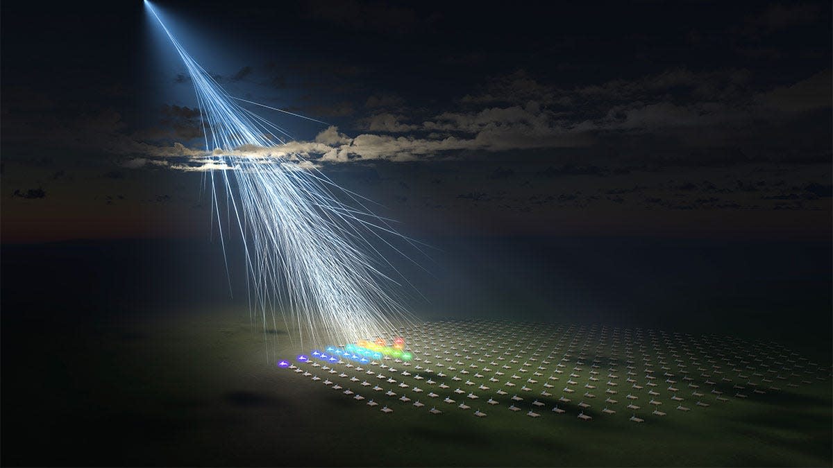 An artist's illustration of the extremely energetic cosmic ray observed by the Telescope Array Collaboration led by the University of Utah and the University of Tokyo. It's been named the "Amaterasu particle."