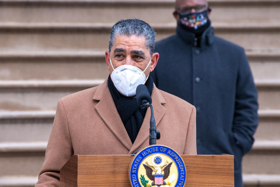 Congressman Adriano Espaillat (D-NY) wearing a face mask speaks during a press conference at City Hall in New York City in January. (Ron Adar/SOPA Images via ZUMA Wire)