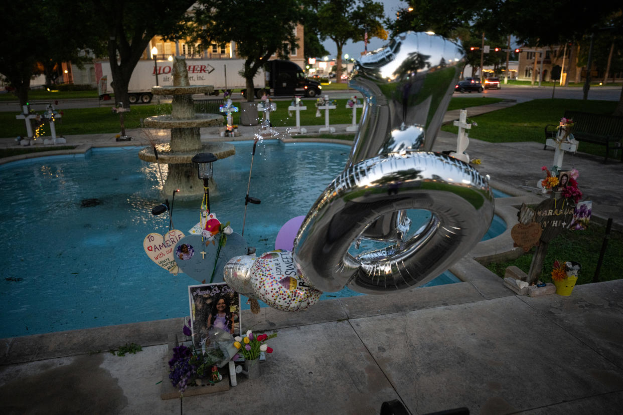 Balloons honoring Amerie Jo Garza are displayed at the memorial to the victims of the 2022 Robb Elementary School shooting in Uvalde, Texas, on what would have been her 12th birthday, May 10, 2024.  (Tamir Kalifa/The New York Times)