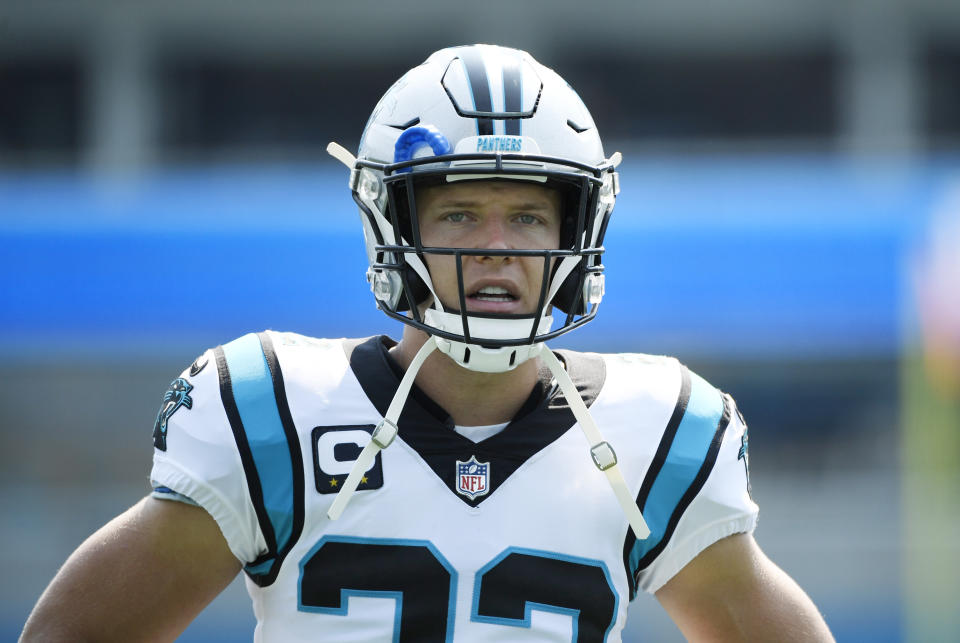 CHARLOTTE, NORTH CAROLINA - SEPTEMBER 12: Christian McCaffrey #22 of the Carolina Panthers looks on prior to the game against the New York Jets at Bank of America Stadium on September 12, 2021 in Charlotte, North Carolina. (Photo by Mike Comer/Getty Images)