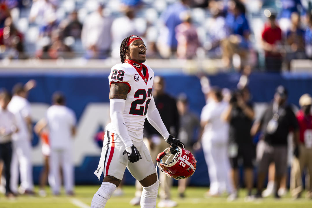 JACKSONVILLE, FLORIDA - OCTOBER 28: Javon Bullard #22 of the Georgia Bulldogs looks on before the start of a game against the Florida Gators at EverBank Stadium on October 28, 2023 in Jacksonville, Florida. (Photo by James Gilbert/Getty Images)