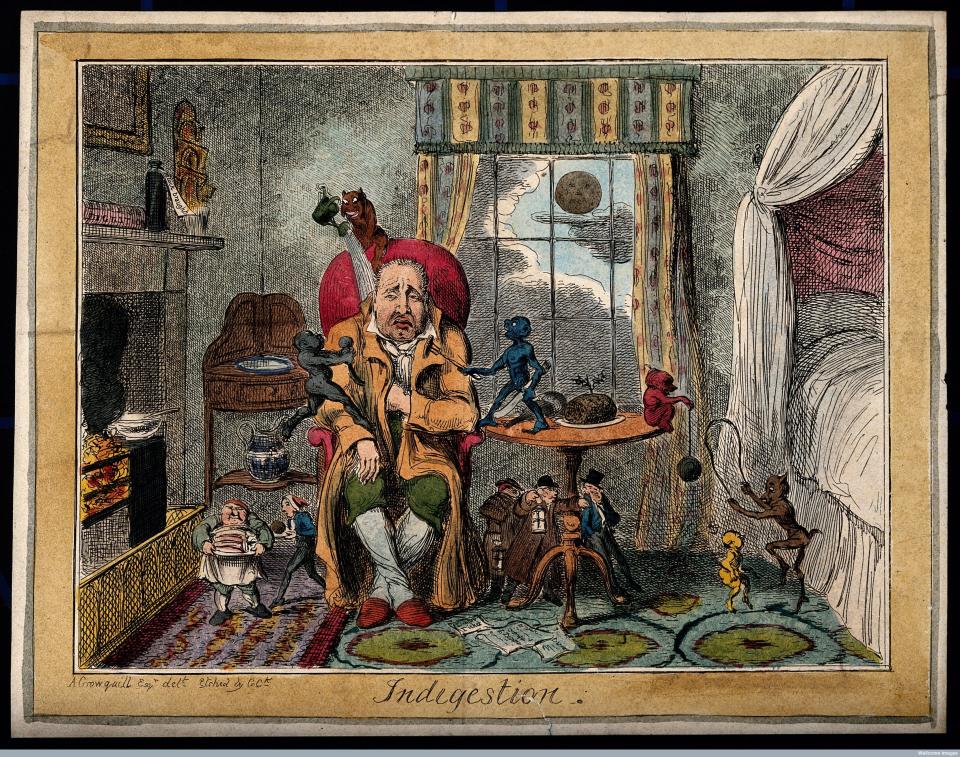 A man suffering from indigestion, suggested by little characters and demons tormenting him. Colored etching by George Cruikshank, 1835, after Alfred Crowquill.