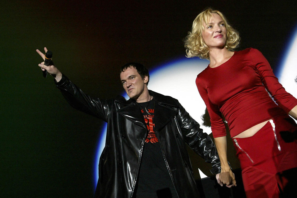 Quentin Tarantino y Uma Thurman en la presentación de 'Kill Bill: Volume 1' en Berlín, Alemania.  (Photo by Kurt Vinion/Getty Images)