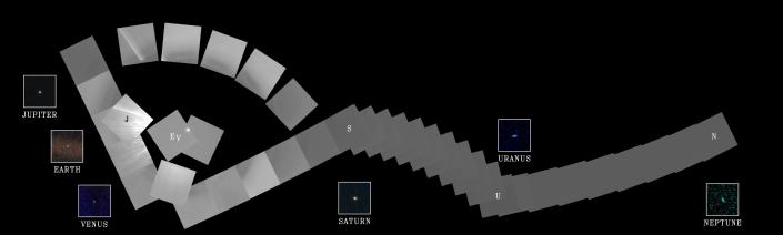 Voyager 1's solar system portrait, made up of 60 images taken from 4 billion miles away.