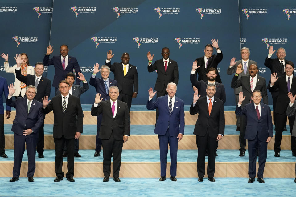 Heads of delegations including President Joe Biden, center right, and Colombian President Ivan Duque center left, pose for a family photo at the Summit of the Americas, Friday, June 10, 2022, in Los Angeles. (AP Photo/Marcio Jose Sanchez)