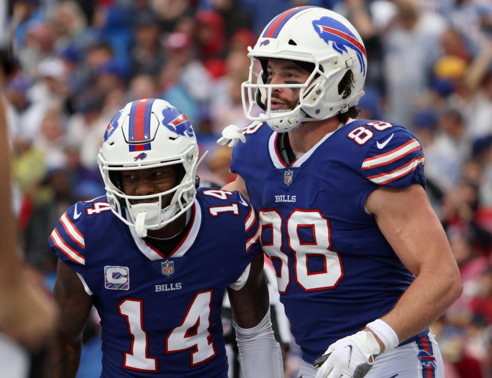 ORCHARD PARK, NY - OCTOBER 03: Stefon Diggs #14 of the Buffalo Bills and Dawson Knox #88 of the Buffalo Bills against the Houston Texans at Highmark Stadium on October 3, 2021 in Orchard Park, New York. (Photo by Timothy T Ludwig/Getty Images)