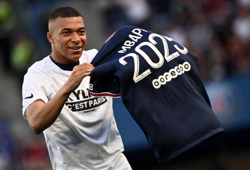 Mbappe salutes supporters after the announcement he staying at PSG until 2025 (AFP/Getty)