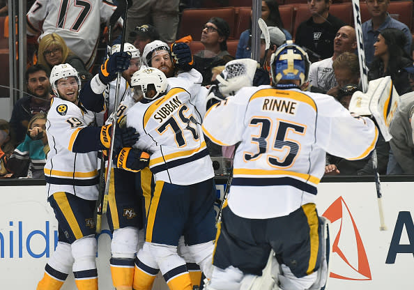 ANAHEIM, CA - MAY 12: Nashville Predators Right Wing James Neal (18) celebrates with Nashville Predators Defenceman P.K. Subban (76), Nashville Predators Defenceman Mattias Ekholm (14), Nashville Predators Center Calle Jarnkrok (19), .and Nashville Predators Goalie Pekka Rinne (35) after scoring the game winning goal in the first overtime period during game 1 of the 2017 NHL Western Conference Final between the Nashville Predators and the Anaheim Ducks on May 12, 2017 at Honda Center in Anaheim, CA. The Predators defeated the Ducks 3-2 in overtime. (Photo by Chris Williams/Icon Sportswire via Getty Images)