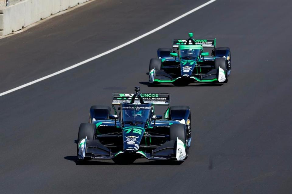 While both running in the top-5 late in Sunday's IndyCar season-finale at Laguna Seca, teammates Agustin Canapino (front) and Callum Ilott (back) came together -- contact that was bad enough to lose Canapino 10 spots in 22 laps.