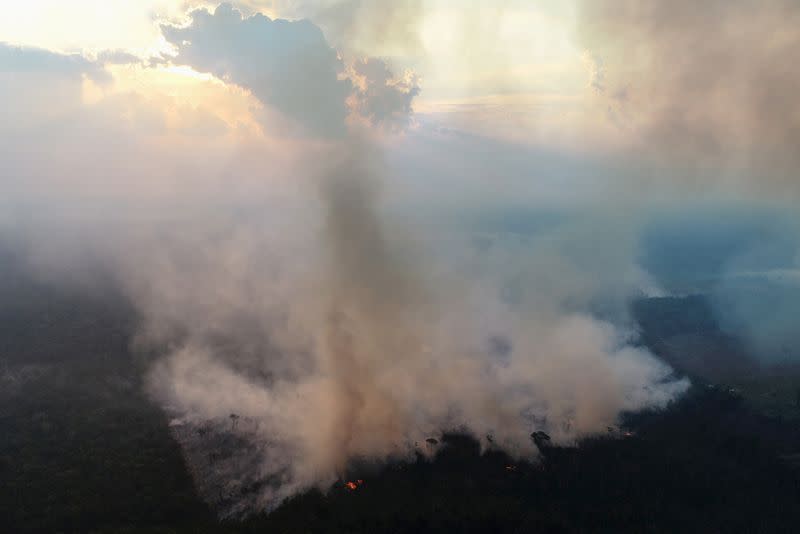 Smoke billows from a fire in an area of the Amazon jungle which burns as it is cleared by loggers and farmers near Porto Velho