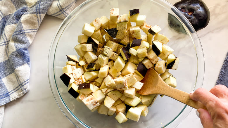 chopped eggplant in a bowl