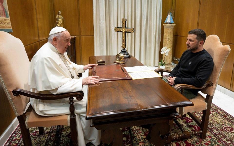 Pope Francis meets with Ukrainian President Volodymyr Zelenskiy, at the Vatican - Vatican Media via Reuters