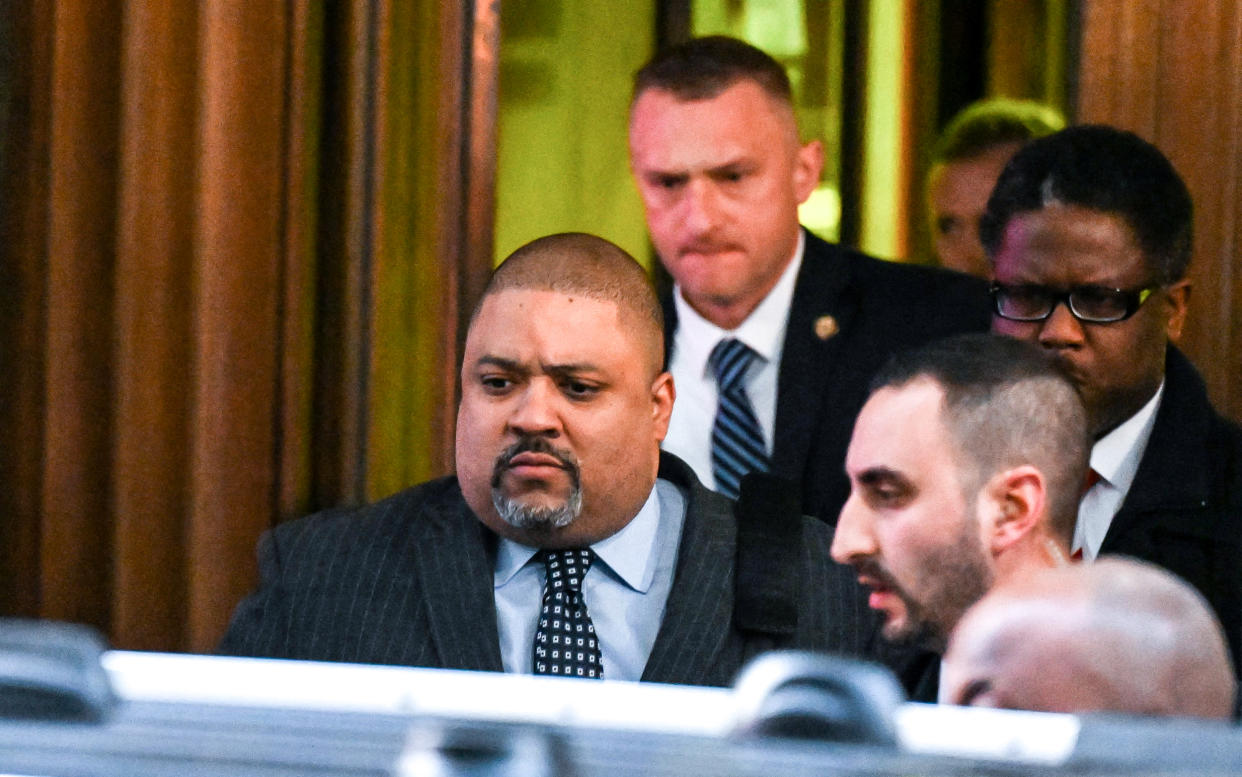 Image: Manhattan District Attorney Alvin Bragg leaves his office in New York on March 30, 2023. (Ed Jones / AFP - Getty Images)