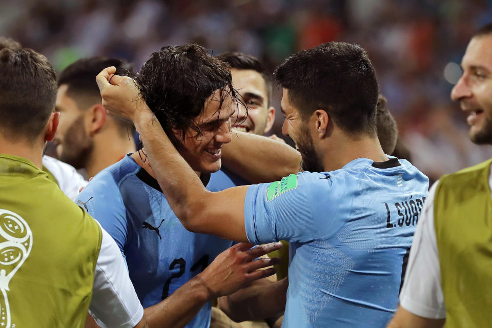 Edinson Cavani and Luis Suarez during the 2018 FIFA World Cup Russia Round of 16 match between Uruguay and Portugal at Fisht Stadium on June 30, 2018 in Sochi, Russia.