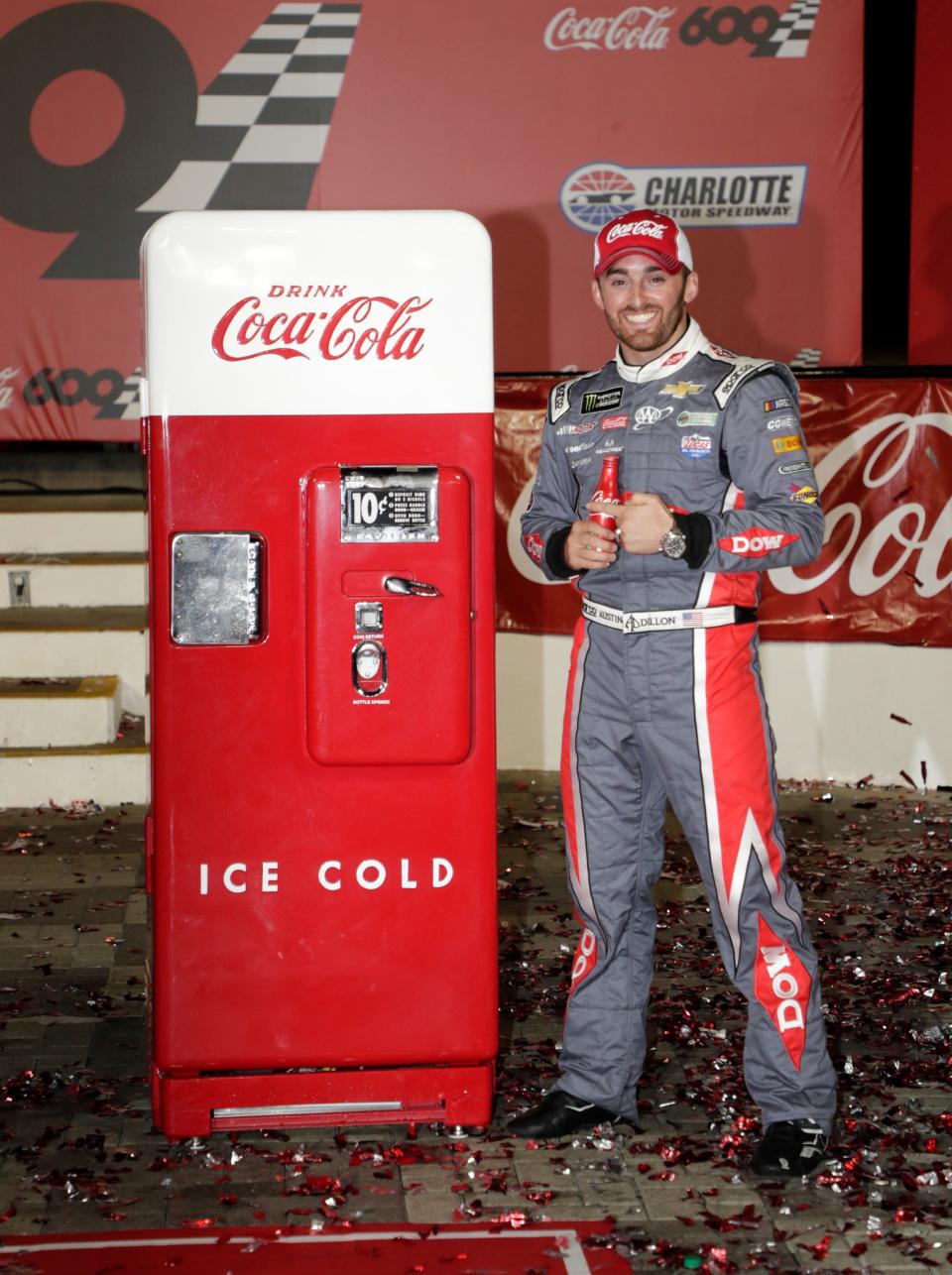 Austin Dillon celebrates winning the Coca-Cola 600 at Charlotte Motor Speedway.