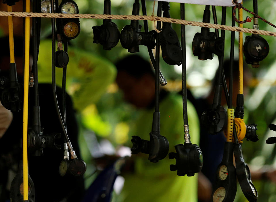 <p>Divers’ equipment is seen near the Tham Luang cave complex as the search for members of an under-16 soccer team and their coach continues, in the northern province of Chiang Rai, Thailand, July 2, 2018. (Photo: Soe Zeya Tun/Reuters) </p>