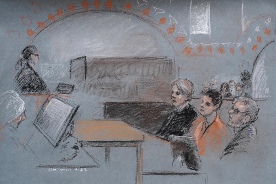 FILE - In this artist depiction, Massachusetts Air National Guardsman Jack Teixeira, seated second from right, appears in U.S. District Court, in Boston, April 19, 2023. The Pentagon on Wednesday announced plans to tighten protection for classified information following the explosive leaks of hundreds of intelligence documents that were accessed through security gaps at a Massachusetts Air National Guard base. Texeira, 21, is accused of leaking the highly classified military documents in a chatroom on Discord, a social media platform that started as a hangout for gamers. (Margaret Small via AP, File)