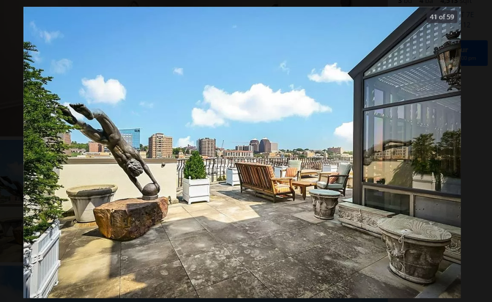 One of the patios of 433 Ward Parkway, Unit 7E overlook the Plaza. This Kansas City penthouse is listed for $4.4 million. Screenshot from Zillow. March 7, 2024.