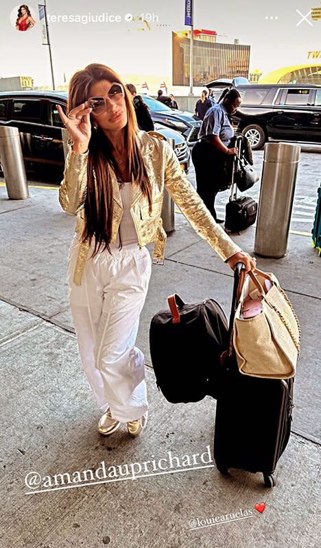 Teresa Giudice Flexes Her Stunning Travel Style in a Shiny Gold Jacket &  Cozy White Pants