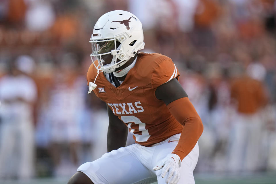 FILE - Texas linebacker Anthony Hill Jr. (0) during the second half of an NCAA college football game against Kansas in Austin, Texas, Sept. 30, 2023. The Texas freshman linebacker is tied for the team high with three sacks. (AP Photo/Eric Gay, File)