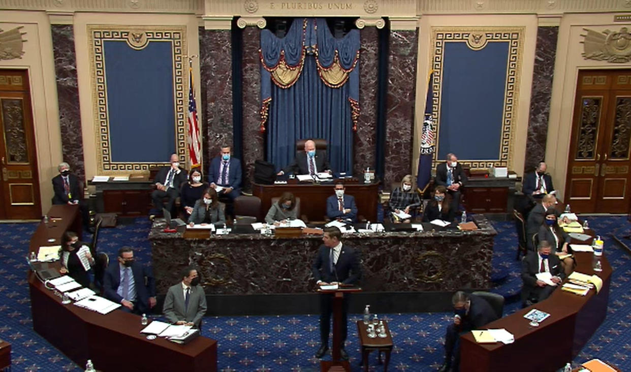 <p>In this screenshot taken from a congress.gov webcast, Impeachment Manager Rep. Eric Swalwell (D-CA) speaks on the second day of former President Donald Trump's second impeachment trial at the U.S. Capitol on February 10, 2021 in Washington, DC. (Photo by congress.gov via Getty Images)</p>