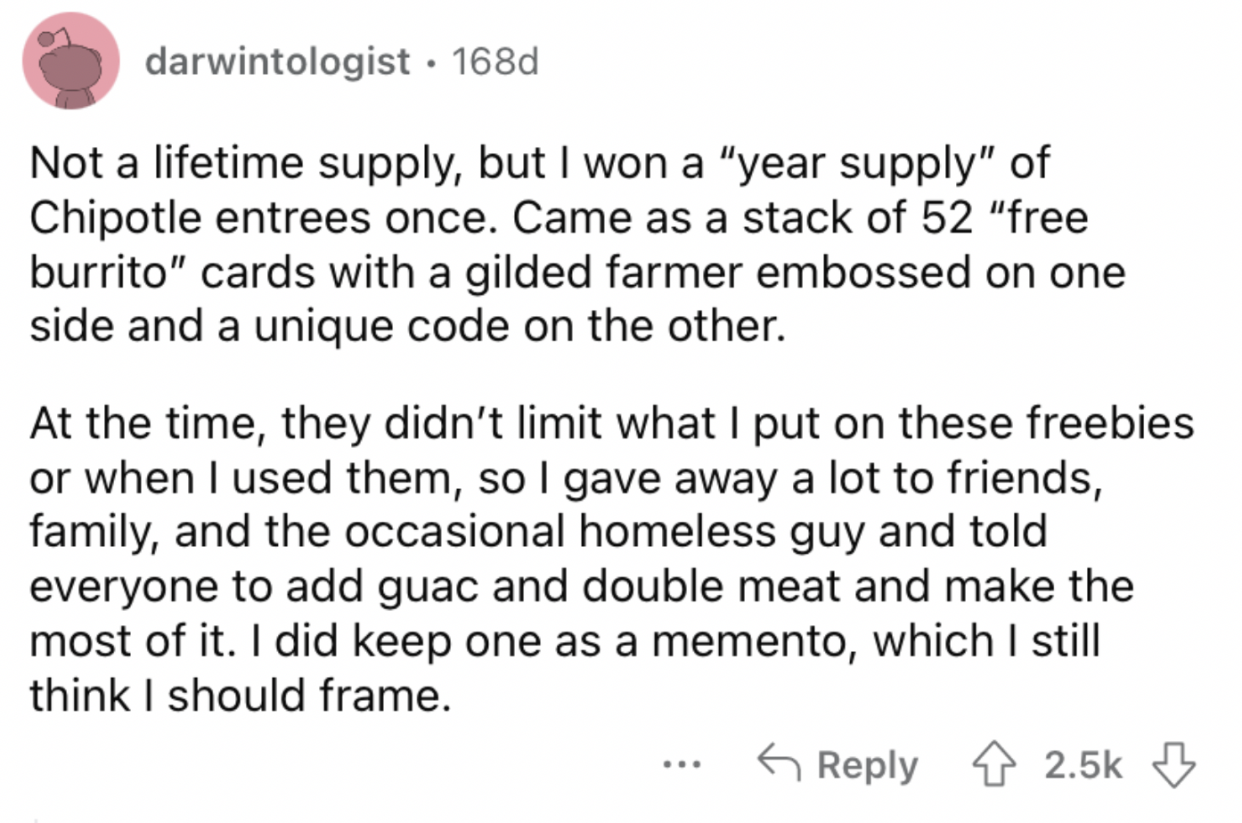 Screenshot from Reddit about lifetime supply winners