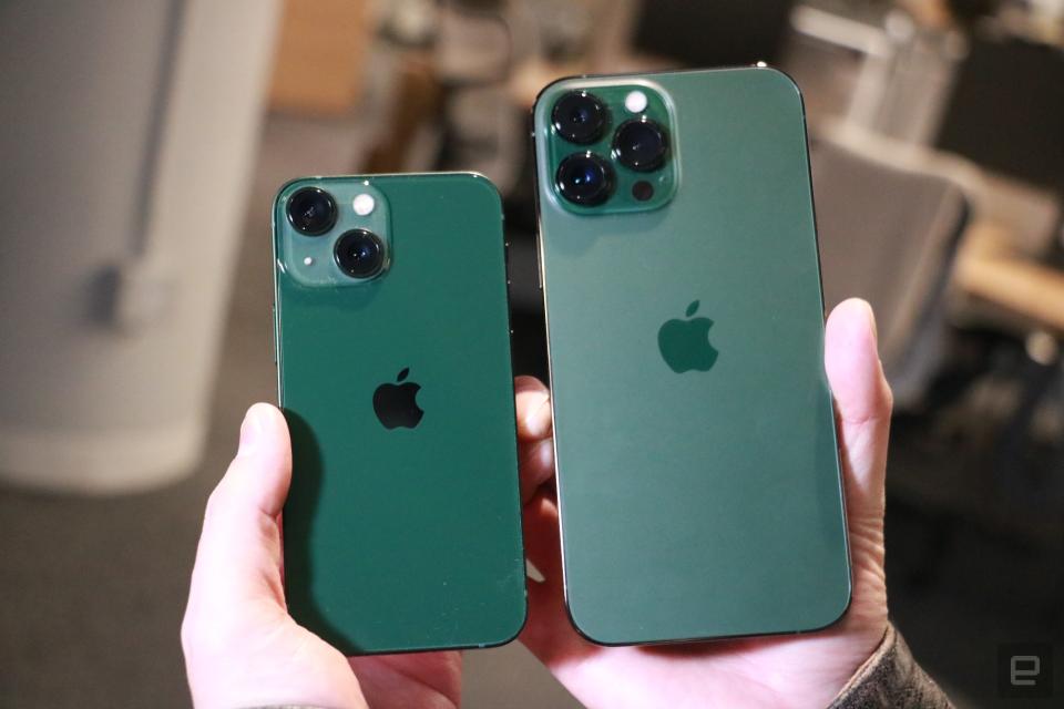 <p>A green iPhone 13 and an "Alpine green" iPhone 13 Pro Max held in mid-air.</p>
