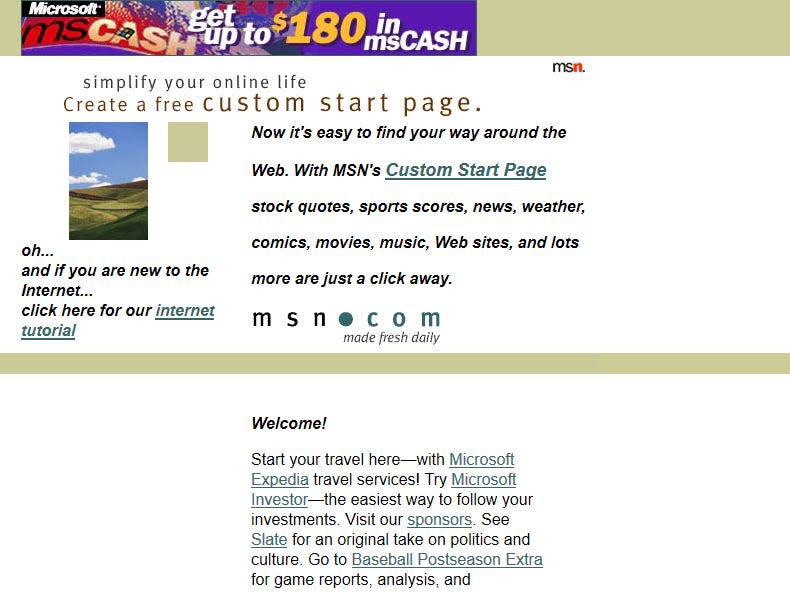 paragraphs and a picture of grass and the sky on the MSN website in 1996