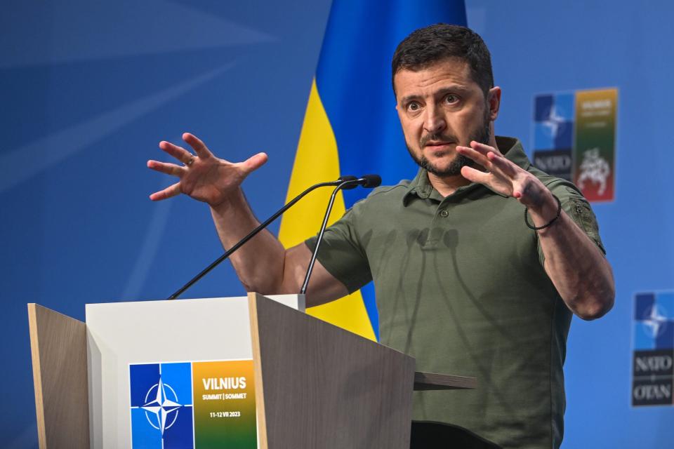 President of Ukraine Volodymyr Zelenskyy seen during a joint press conference with the Secretary General of NATO Jens Stoltenberg on the second day of the 2023 NATO Summit in Vilnius, Lithuania, on July 12, 2023. (Photo by Artur Widak/NurPhoto via Getty Images)