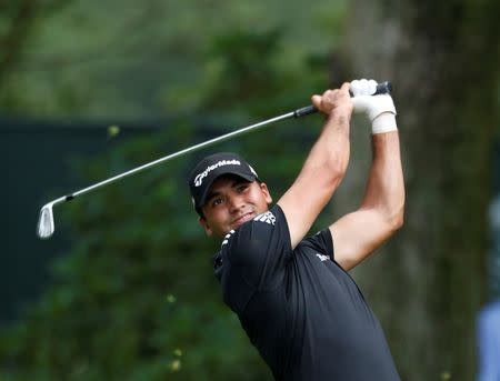 Jul 31, 2016; Springfield, NJ, USA; PGA golfer Jason Day tees off on the 16th hole during the Sunday round of the 2016 PGA Championship golf tournament at Baltusrol GC - Lower Course. Mandatory Credit: Brian Spurlock-USA TODAY Sports