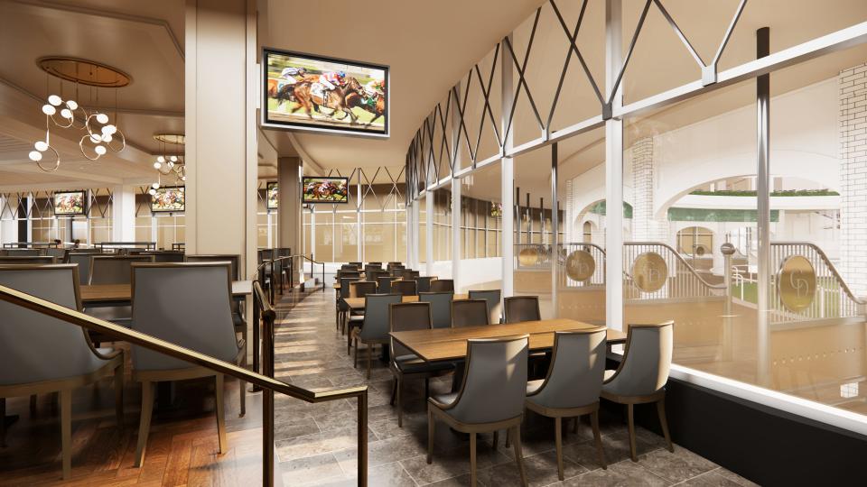 A rendering of seating areas Churchill Downs is planning to install in the paddock ahead of the 2024 Kentucky Derby, in a major redevelopment project. April 27, 2022