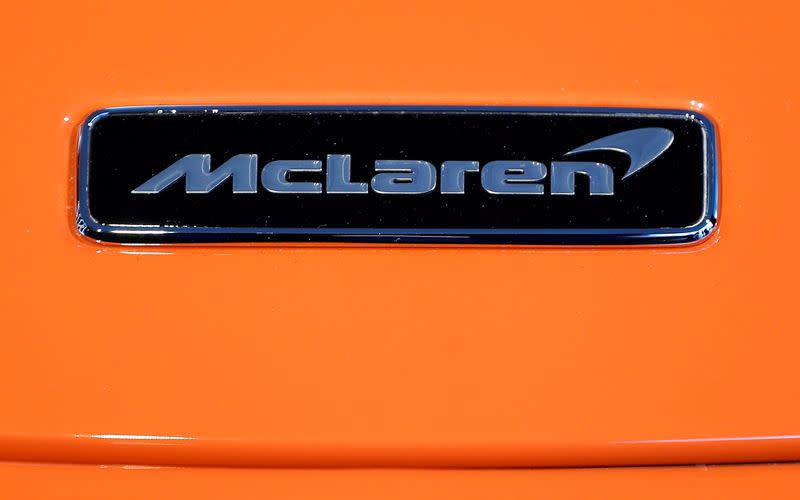 FILE PHOTO: The McLaren logo is seen on the McLaren 765LT at its launch at the McLaren headquarters in Woking