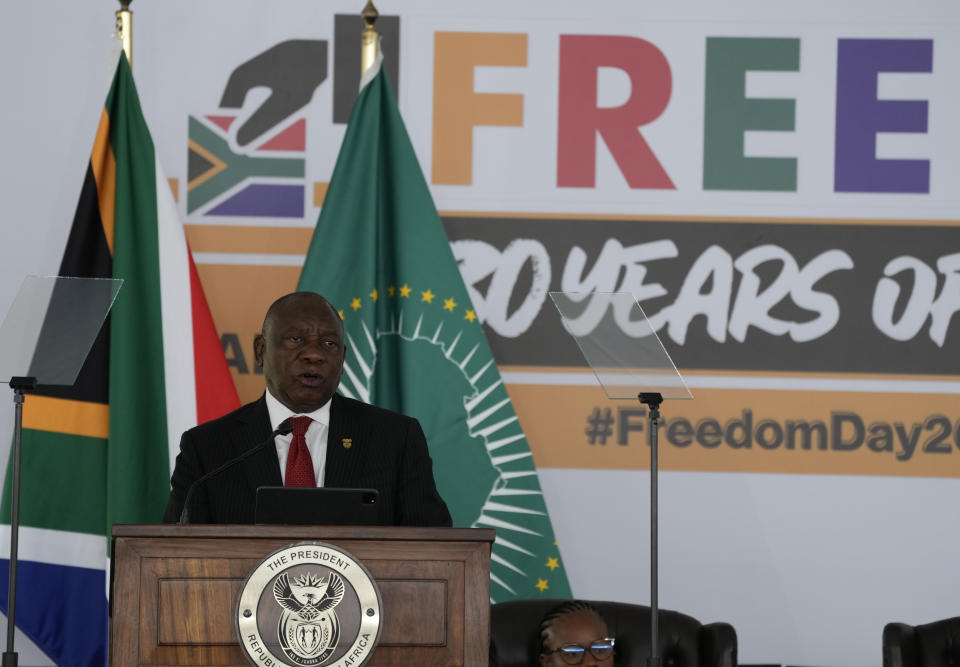 South African President Cyril President delivers a speech as he attends Freedom Day celebrations in Pretoria, South Africa, Saturday April 27, 2024. The day marks April 27 when the country held pivotal first democratic election in 1994 that announced the official end of the racial segregation and oppression of apartheid. (AP Photo/Themba Hadebe)
