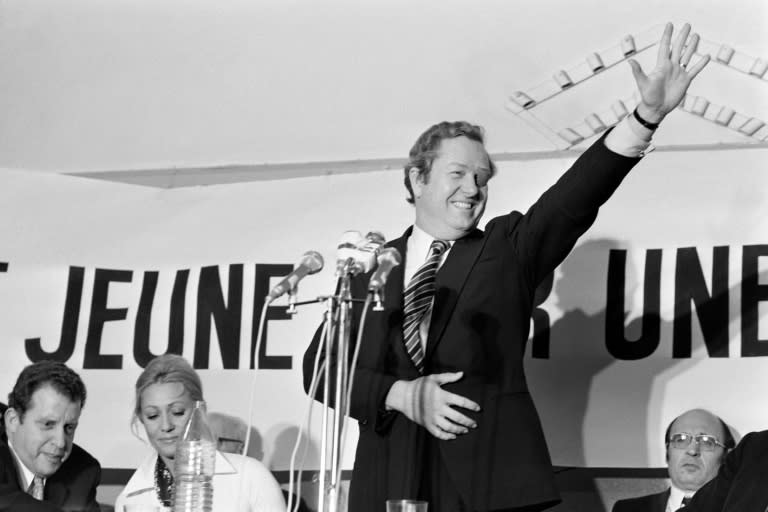 Le candidat du Front national à l'élection présidentielle de 1974 Jean-Marie Le Pen lors d'un meeting le 3 mai 1974 à Paris (-)