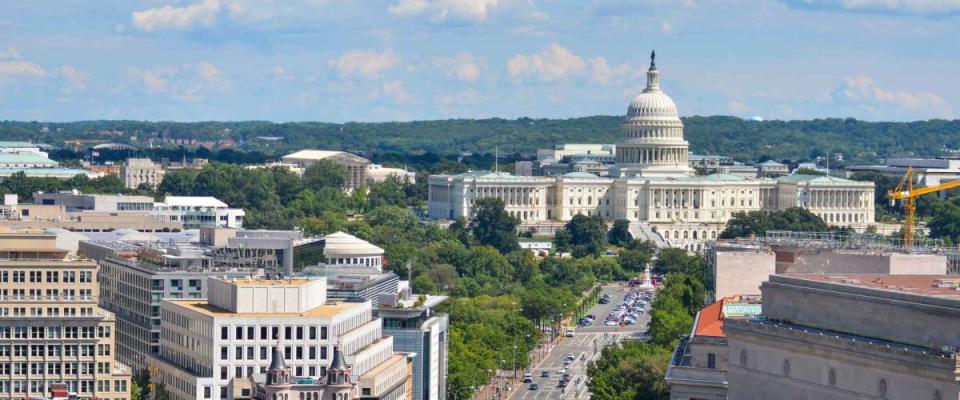 Washington DC - Aerial view of Pennsylvania street with federal buildings including US Archives building, Department of Justice and US Capitol