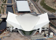 LONDON, ENGLAND - JULY 26: Aerial view of the Aquatics Centre which will host Swimming events with the Water Polo Arena which will host Water Polo during the London 2012 Olympic Games on July 26, 2011 in London, England. (Photo by Tom Shaw/Getty Images)