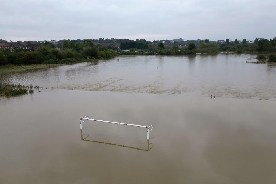 RETRANSMITTING AMENDING DATELINE Floodwater submerges Spencer Football Club in Northampton. 35 flood warnings are in place across England on Tuesday morning. Parts of Bedfordshire, Oxfordshire, Warwickshire and Northamptonshire saw more than 100mm of rain in the last 48 hours. Picture date: Tuesday September 24, 2024. (Photo by Joe Giddens/PA Images via Getty Images)