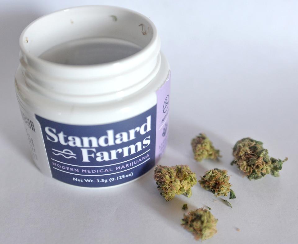 Shown here on Sept. 21, 2018 is a container of dry-leaf marijuana flower produced by Standard Farms and purchased from the Rise Erie medical marijuana dispensary in Erie, Pennsylvania.