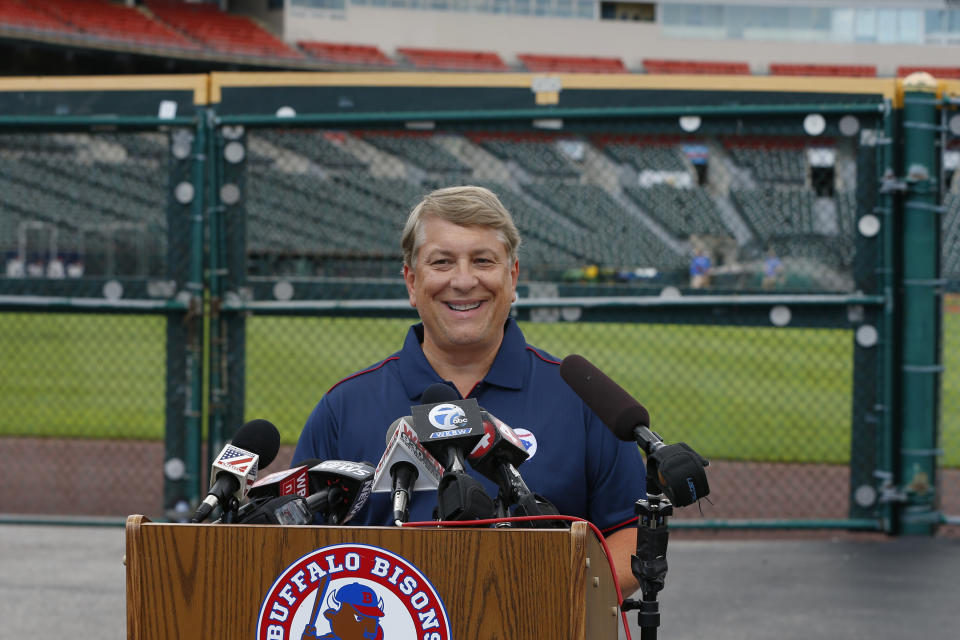 Rich Baseball operations president Mike Buczkowski addresses the media during a press conference announcing the Toronto Blue Jays will play their 2020 home games at Sahlen Field, their Triple-A affiliate, Friday, July 24, 2020, in Buffalo N.Y. (AP Photo/Jeffrey T. Barnes)